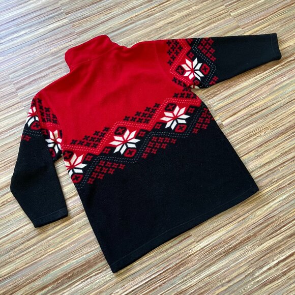 Print Fleece Pullover Sweater Zip Neck Vintage 90s Red/Black Snowflake Oversized - Picture 4 of 4